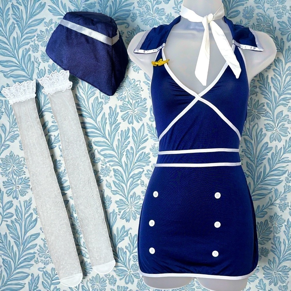 Medium Blue White Flight‎ Attendant Halter Neck Halloween Costume Set Hat Dress